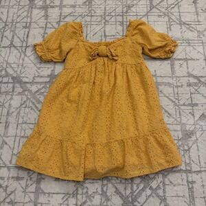 Janie and Jack Girls Gold Eyelet Puff Sleeve Lined Dress Bow Detail-‎ Size 5